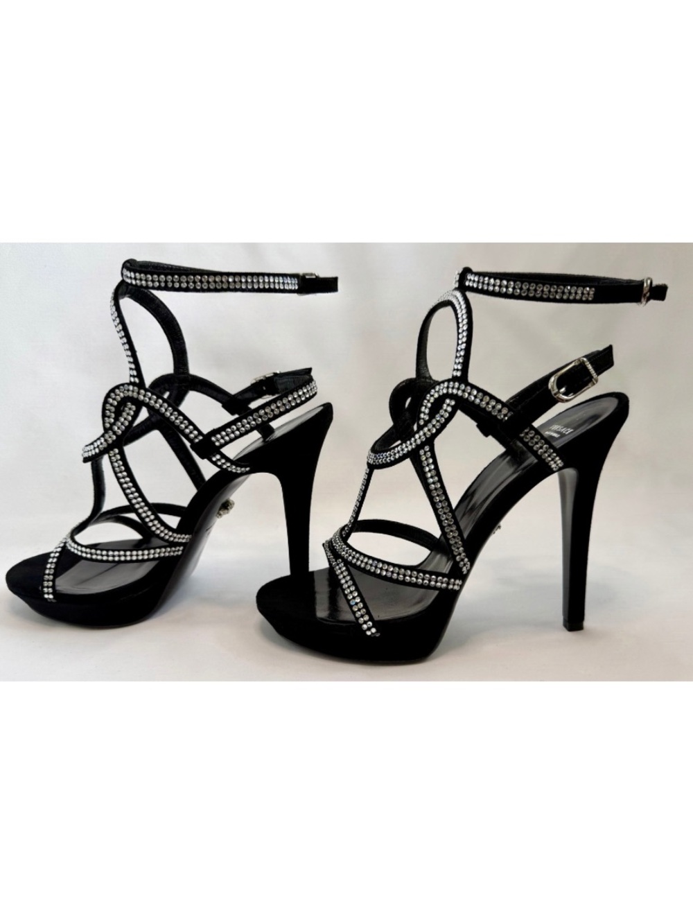 Versace Medusa Crystal Suede Cage Stiletto Sandal Heels Black w/ Box EU 39